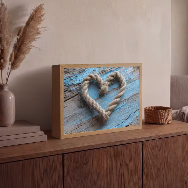 Hart - Touw - Hout - Rustiek Light Box met batterij (Wandlamp) middel -sfeer2