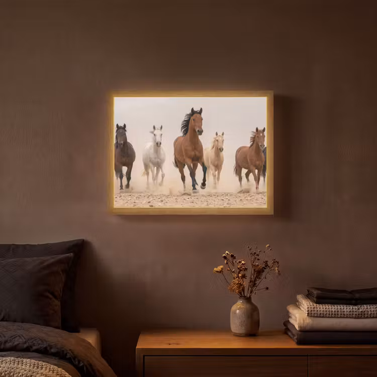 Kudde paarden - Stofwolk - Bruin - Zwart Light Box met batterij (Wandlamp) middel -sfeer4