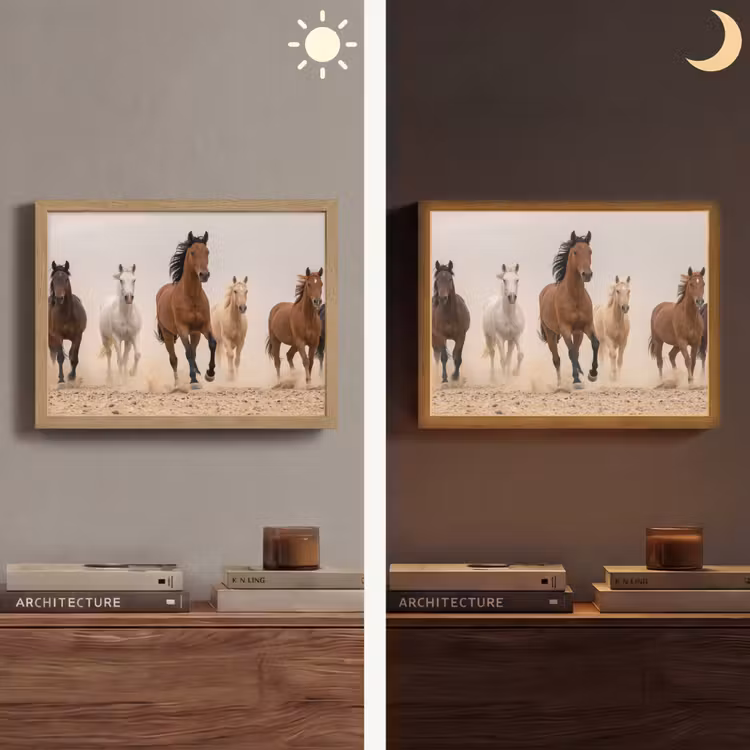 Kudde paarden - Stofwolk - Bruin - Zwart Light Box met batterij (Wandlamp) middel -sfeer3