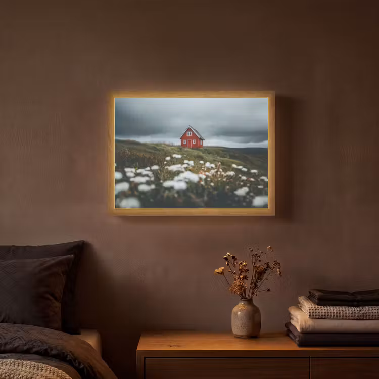 Heuvel - Huisje - Bloemen - Wit Light Box met batterij (Wandlamp) middel -sfeer4