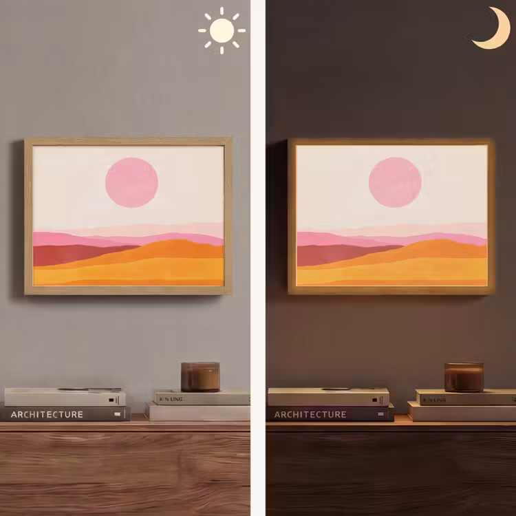 Heuvels - Oranje - Zon - Abstract Light Box met batterij (Wandlamp) middel -sfeer3