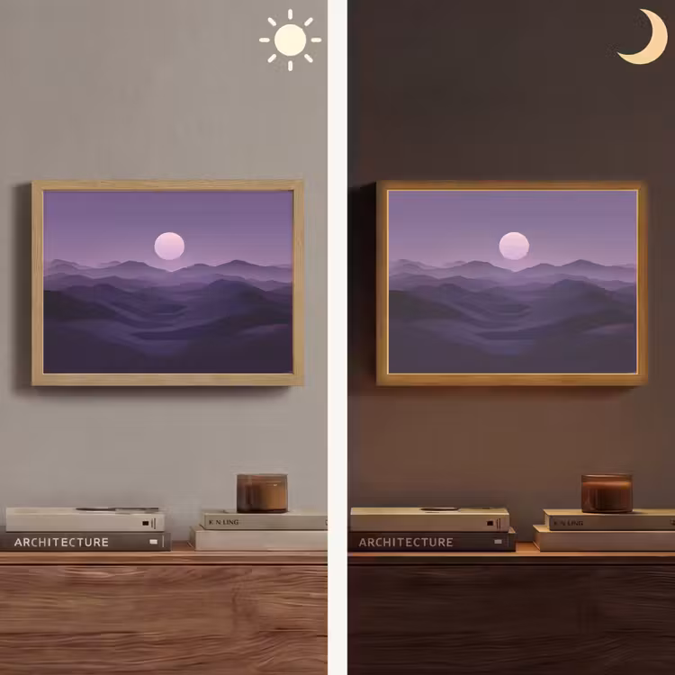 Heuvels - Paars - Mist - Zon Light Box met batterij (Wandlamp) middel -sfeer3