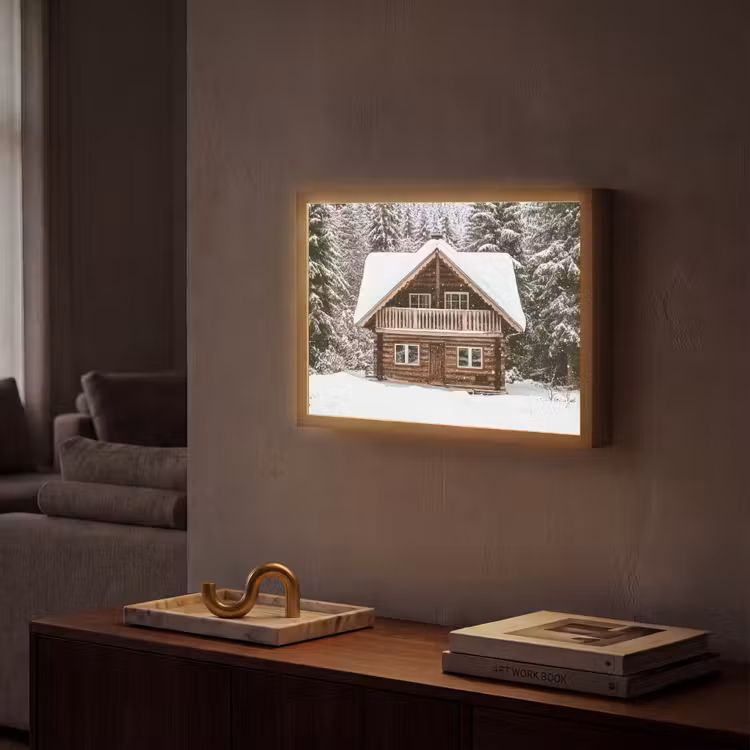 Huis - Bos - Winter - Natuur - Sneeuw Light Box met batterij (Wandlamp) middel -sfeer1