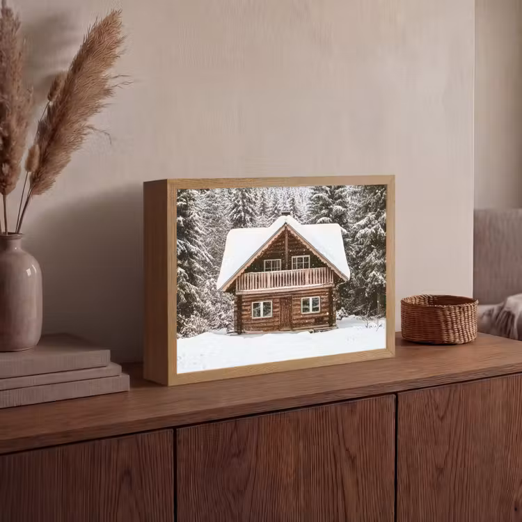 Huis - Bos - Winter - Natuur - Sneeuw Light Box met batterij (Wandlamp) middel -sfeer2