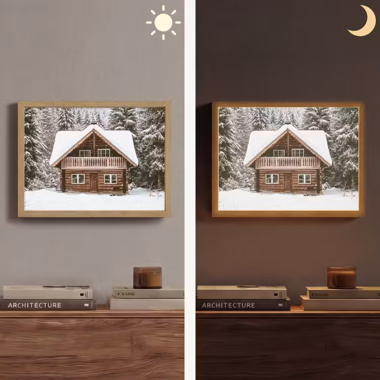 Huis - Bos - Winter - Natuur - Sneeuw Light Box met batterij (Wandlamp) middel -sfeer3