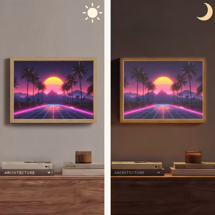 Horizon - Palmbomen - Bergen - Geel Light Box met batterij (Wandlamp) middel -sfeer3