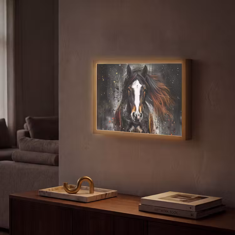 Paard - Dieren - Zwart - Luxe - Modern Light Box met batterij (Wandlamp) middel -sfeer1