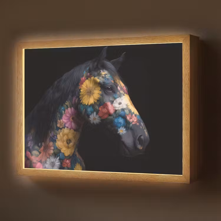 Paard - Bloemen - Zwart Light Box met batterij (Wandlamp) middel -z3d_website
