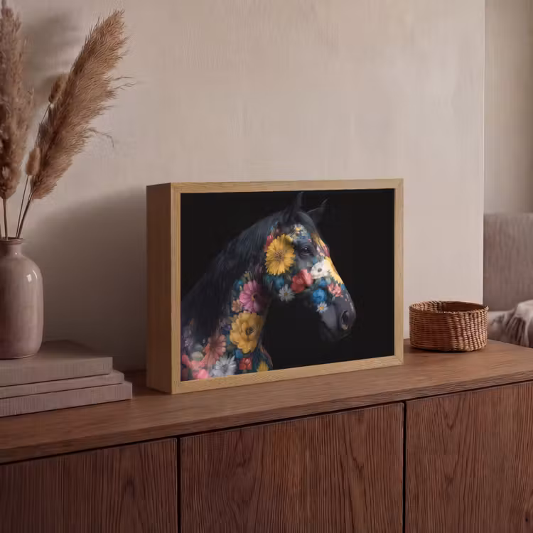 Paard - Bloemen - Zwart Light Box met batterij (Wandlamp) middel -sfeer2