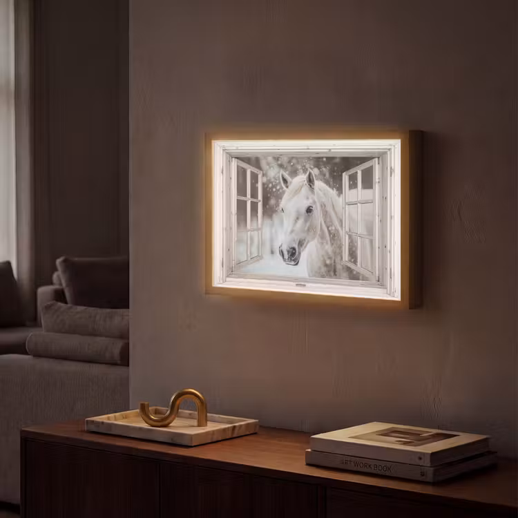 Paard - Wit - Winter - Sneeuw - Doorkijk - Dieren Light Box met batterij (Wandlamp) middel -sfeer1