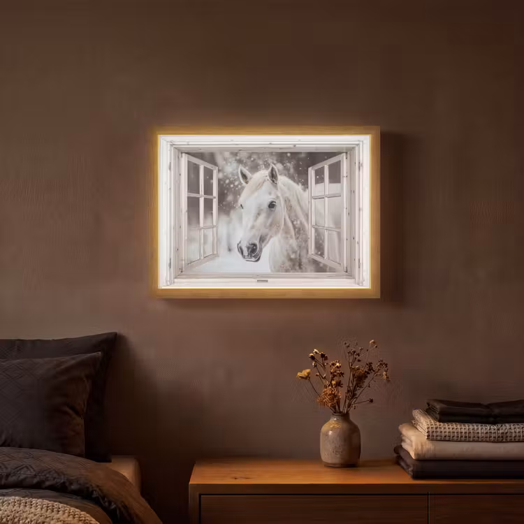 Paard - Wit - Winter - Sneeuw - Doorkijk - Dieren Light Box met batterij (Wandlamp) middel -sfeer4