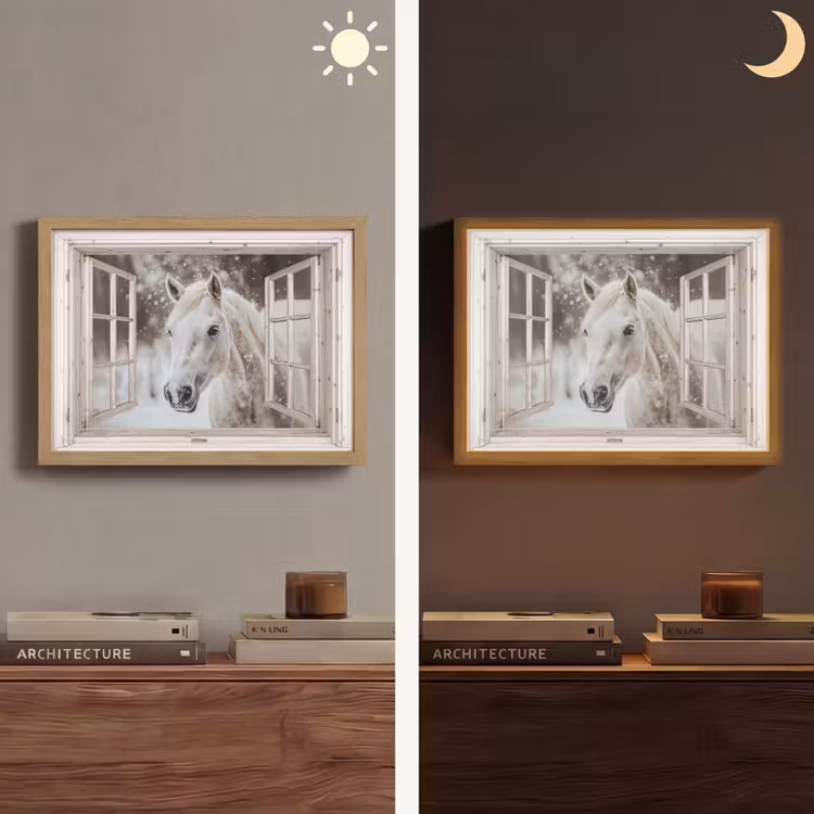Paard - Wit - Winter - Sneeuw - Doorkijk - Dieren Light Box met batterij (Wandlamp) middel -sfeer3