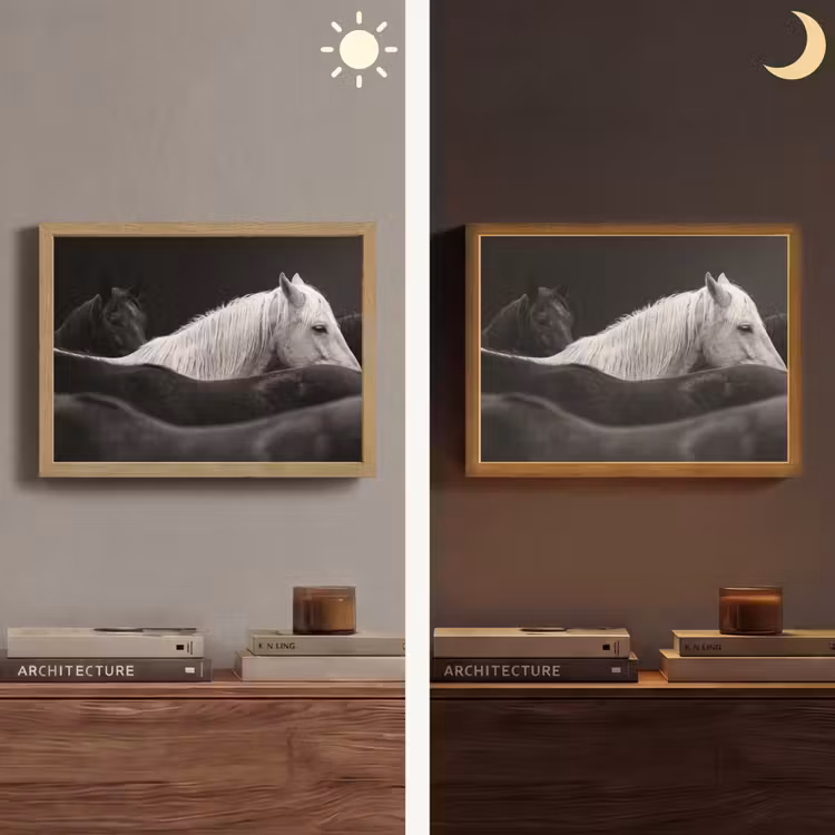 Paarden - Zwart - Wit - Kudde Light Box met batterij (Wandlamp) middel -sfeer3