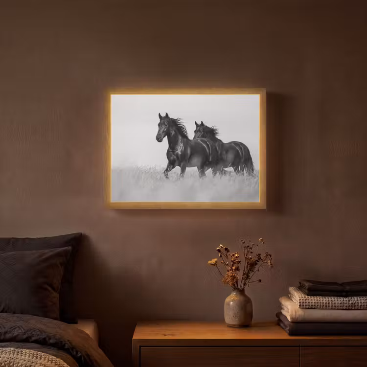 Paarden - Gras - Zwart - Wit Light Box met batterij (Wandlamp) middel -sfeer4