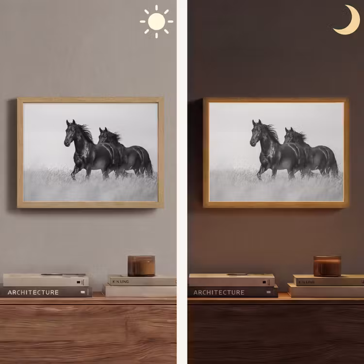 Paarden - Gras - Zwart - Wit Light Box met batterij (Wandlamp) middel -sfeer3