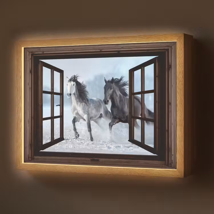 Paarden - Winter - Dieren - Natuur - Doorkijk Light Box met batterij (Wandlamp) middel -z3d_website
