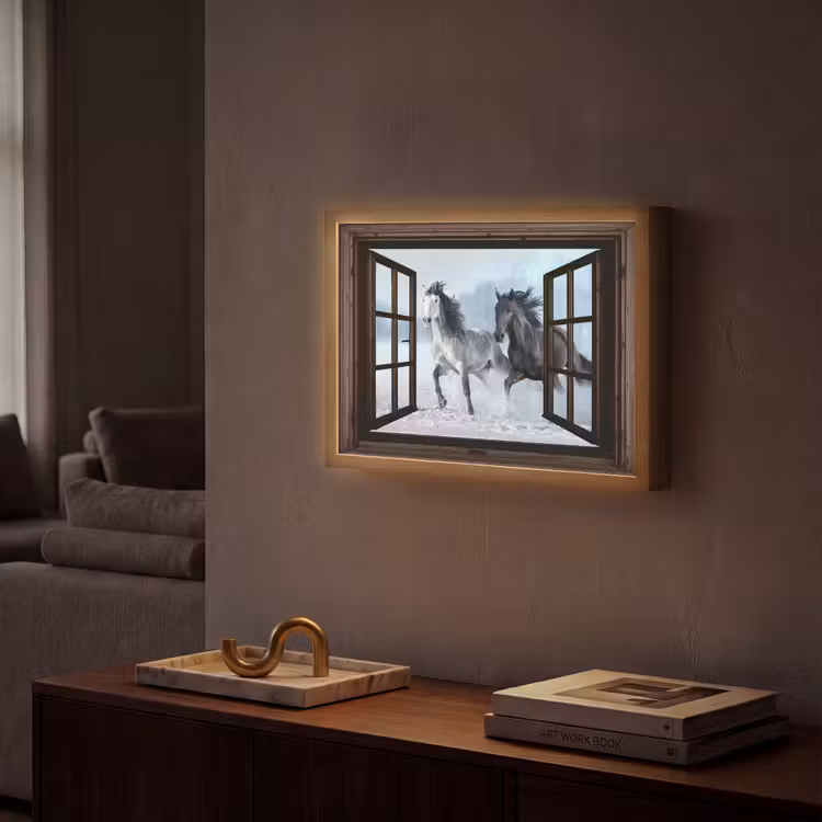 Paarden - Winter - Dieren - Natuur - Doorkijk Light Box met batterij (Wandlamp) middel -sfeer1