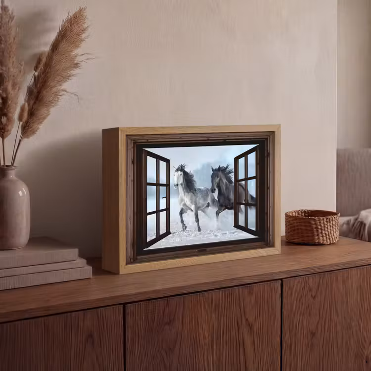 Paarden - Winter - Dieren - Natuur - Doorkijk Light Box met batterij (Wandlamp) middel -sfeer2