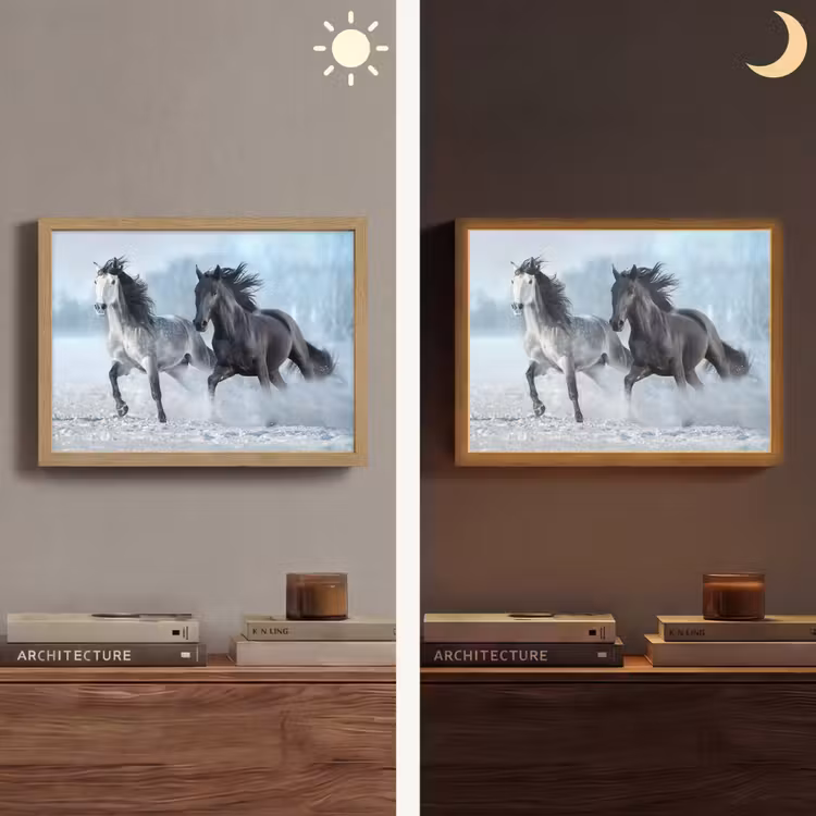 Paarden - Winter - Dieren - Natuur - Sneeuw Light Box met batterij (Wandlamp) middel -sfeer3