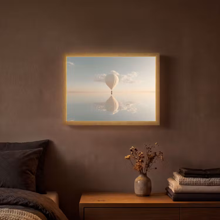 Luchtballon - Wolken - Water - Blauw Light Box met batterij (Wandlamp) middel -sfeer4