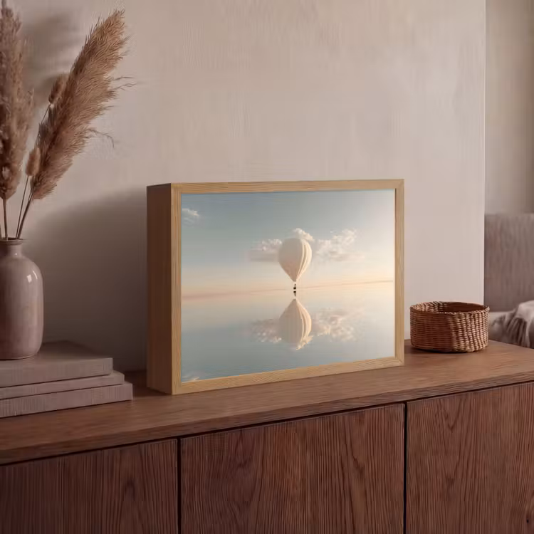 Luchtballon - Wolken - Water - Blauw Light Box met batterij (Wandlamp) middel -sfeer2