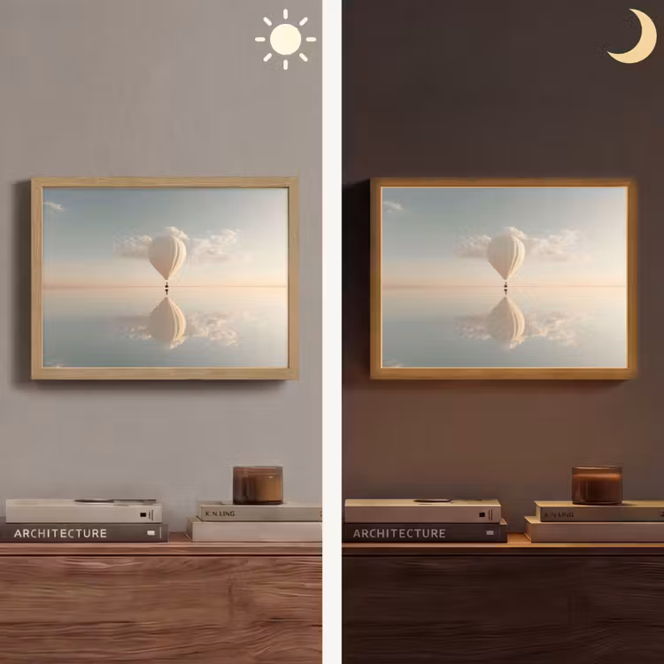 Luchtballon - Wolken - Water - Blauw Light Box met batterij (Wandlamp) middel -sfeer3