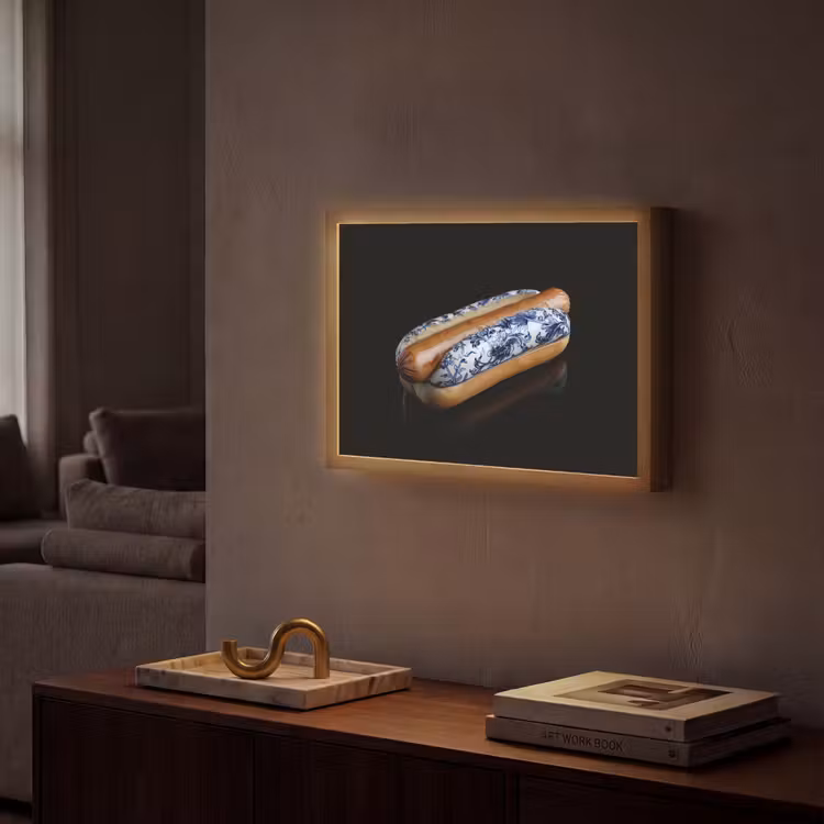 Hotdog - Porselein - Delfts blauw - Eten Light Box met batterij (Wandlamp) middel -sfeer1