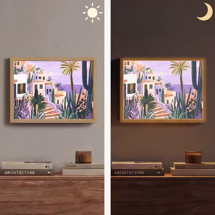 Huizen - Minimalistisch - Palmbomen - Kust Light Box met batterij (Wandlamp) middel -sfeer3
