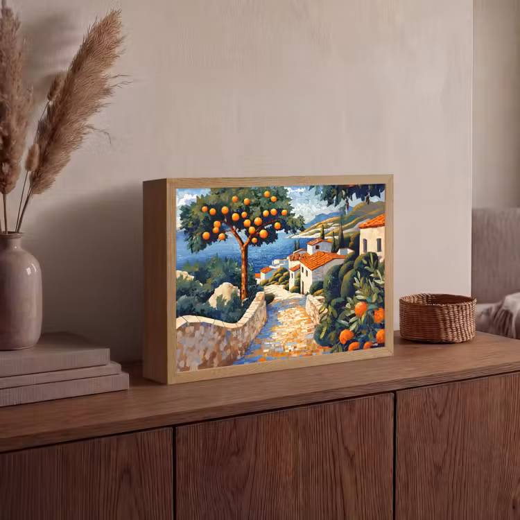 Huizen - Mozaïek - Sinaasappelbomen - Zee Light Box met batterij (Wandlamp) middel -sfeer2