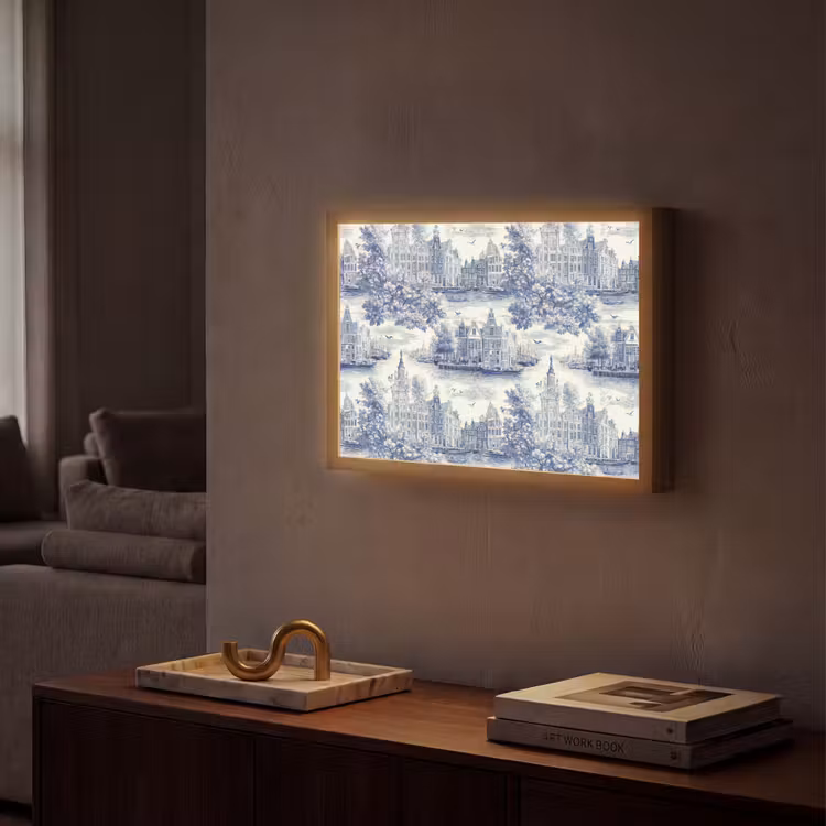 Huizen - Bomen - Water - Vogels - Blauw Light Box met batterij (Wandlamp) middel 907 -sfeer1