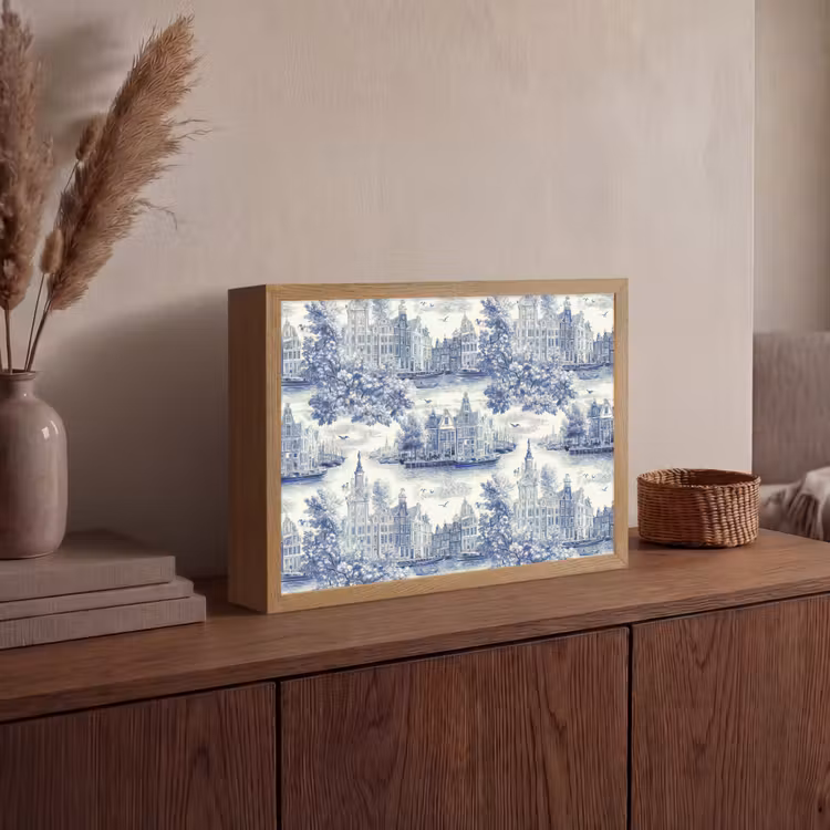 Huizen - Bomen - Water - Vogels - Blauw Light Box met batterij (Wandlamp) middel 907 -sfeer2