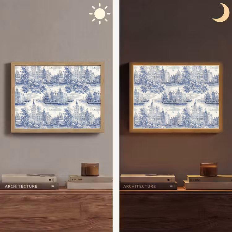 Huizen - Bomen - Water - Vogels - Blauw Light Box met batterij (Wandlamp) middel 907 -sfeer3