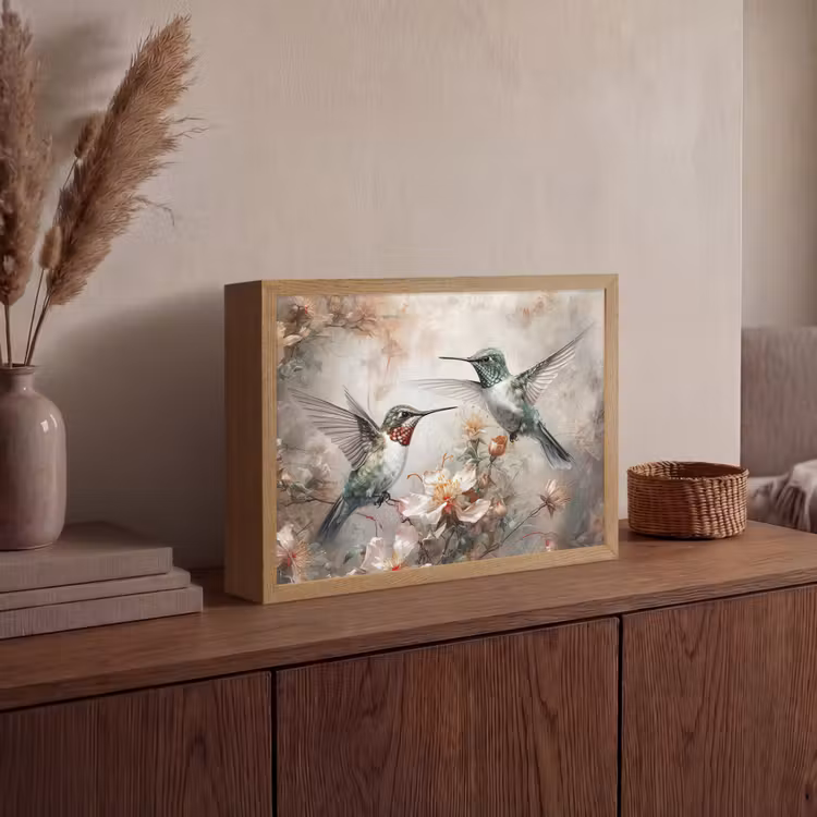 Kolibrie - Vogels - Bloemen - Planten Light Box met batterij (Wandlamp) middel -sfeer2