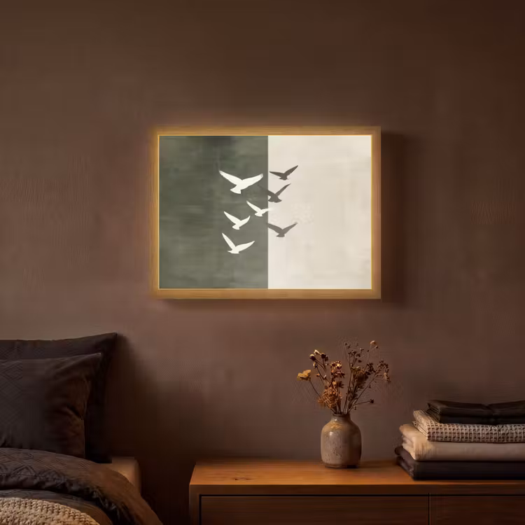 Japandi - Vogel - Groen Light Box met batterij (Wandlamp) middel -sfeer4
