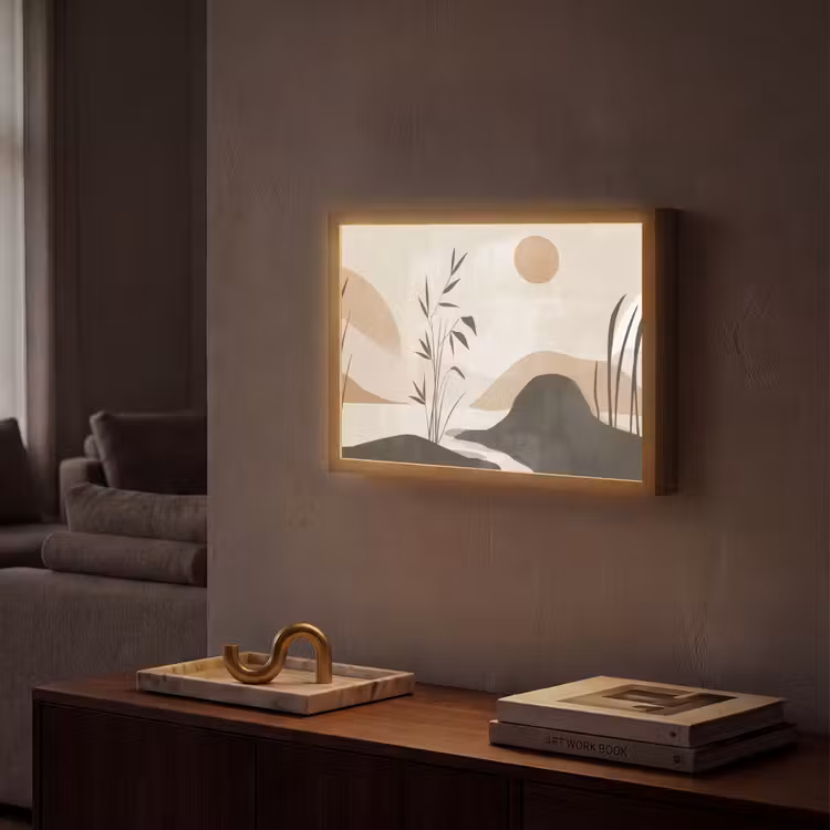 Japandi - Landschap - Beige Light Box met batterij (Wandlamp) middel -sfeer1