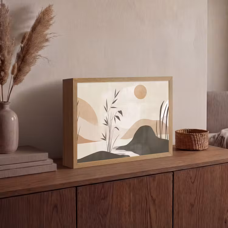 Japandi - Landschap - Beige Light Box met batterij (Wandlamp) middel -sfeer2