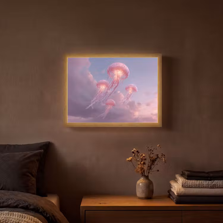 Kwallen - Roze - Wolken Light Box met batterij (Wandlamp) middel -sfeer4