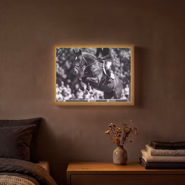 Springen - Paard - Zwart - Wit Light Box met batterij (Wandlamp) middel -sfeer4