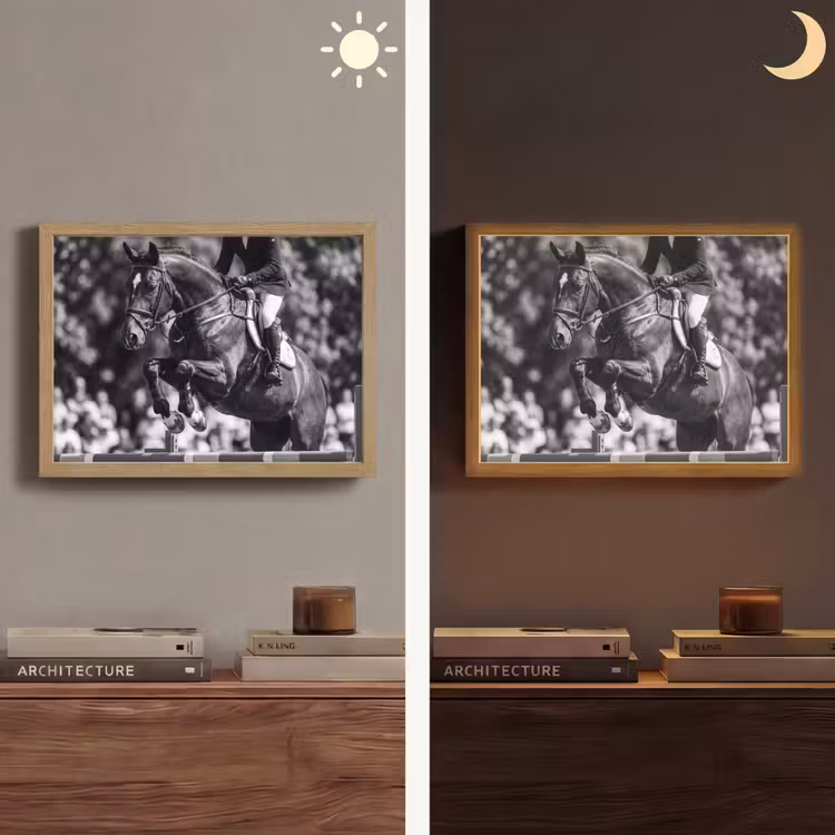 Springen - Paard - Zwart - Wit Light Box met batterij (Wandlamp) middel -sfeer3