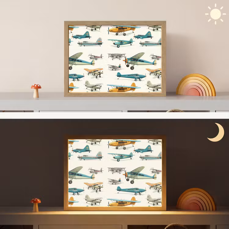 Vliegtuig - Blauw - Kinderen - Jongen - Oranje Light Box met batterij (Wandlamp kind) middel -sfeer3_kind