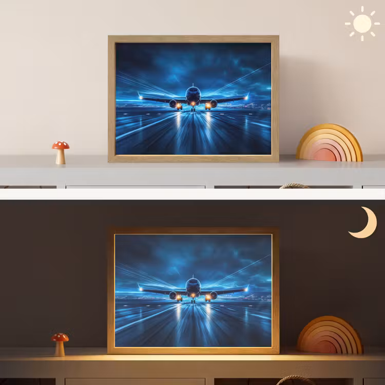 Vliegtuig - Blauw - Futuristisch Light Box met batterij (Wandlamp kind) middel -sfeer3_kind