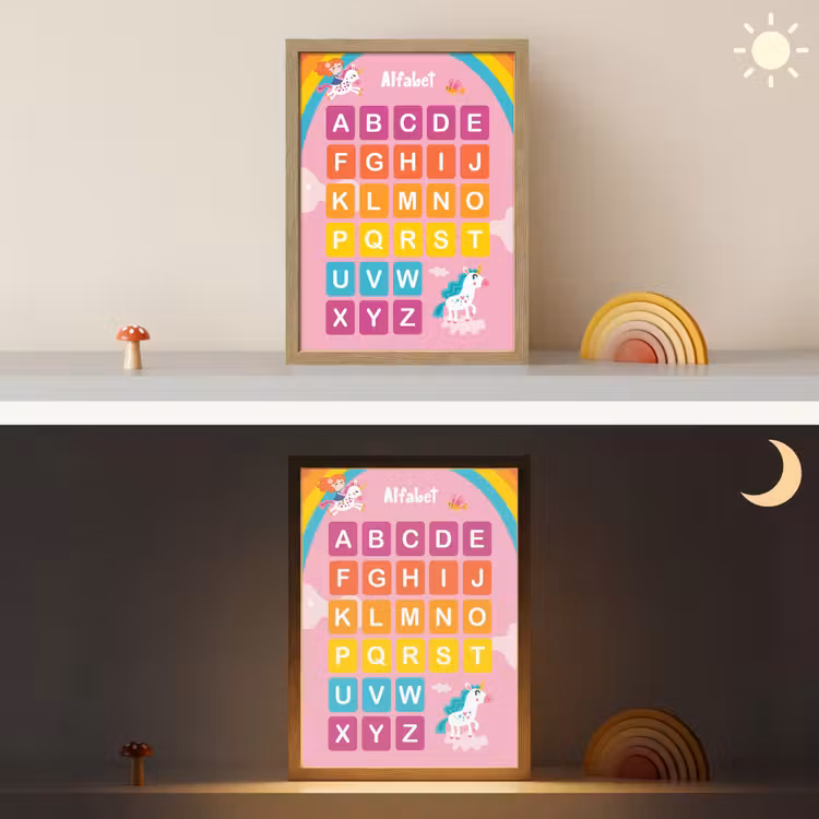 Alfabet - Educatief - Letters leren voor kinderen - Roze - Eenhoorn Light Box met batterij (Wandlamp kind) middel -sfeer3_kind