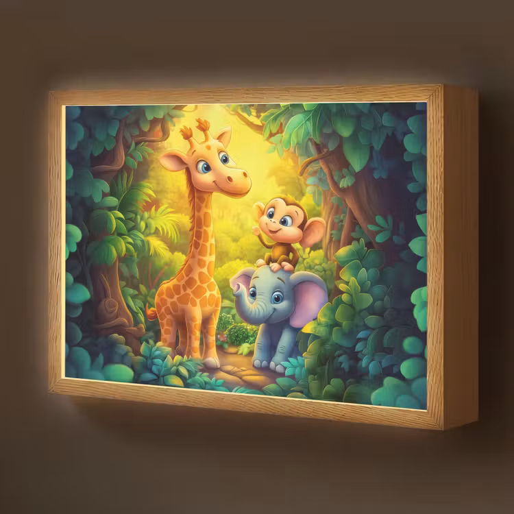 Dieren - Jungle - Giraf - Olifant - Aapje Light Box met batterij (Wandlamp kind) middel -z3d_website