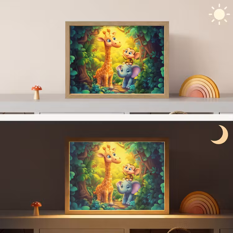 Dieren - Jungle - Giraf - Olifant - Aapje Light Box met batterij (Wandlamp kind) middel -sfeer3_kind