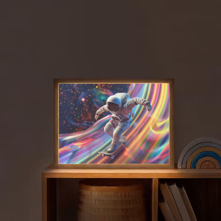 Astronaut - Ruimte - Skateboard - Kleurrijk Light Box met batterij (Wandlamp kind) middel -sfeer1_kind