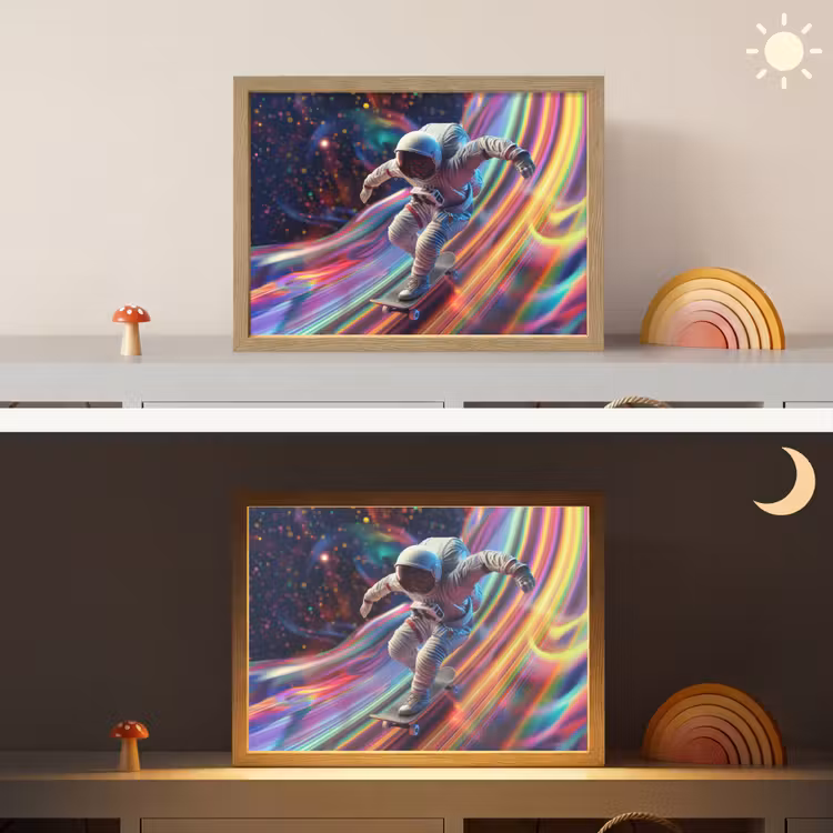 Astronaut - Ruimte - Skateboard - Kleurrijk Light Box met batterij (Wandlamp kind) middel -sfeer3_kind