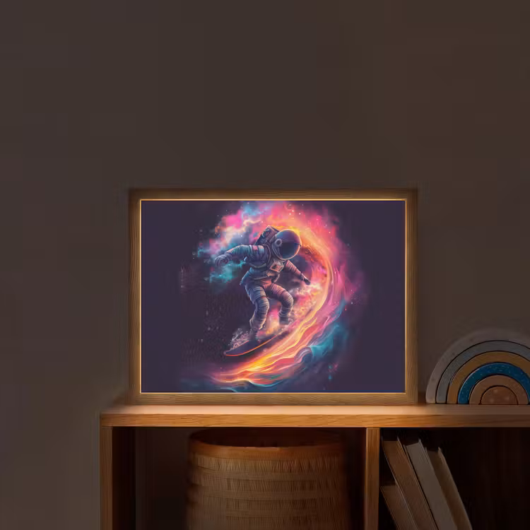 Astronaut - Ruimte - Surfen - Kleurrijk Light Box met batterij (Wandlamp kind) middel -sfeer1_kind