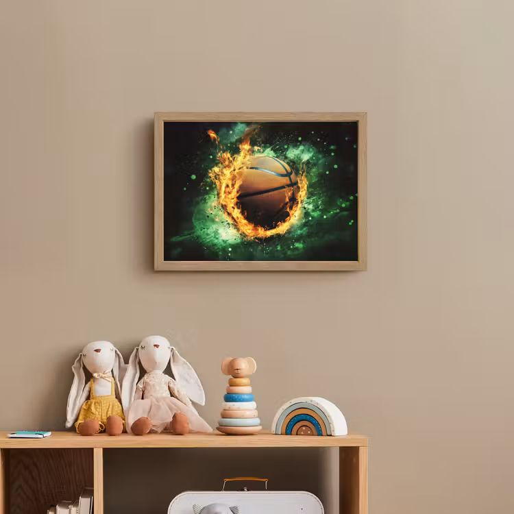 Basketbal - Vuur - Vlammen - Groen Light Box met batterij (Wandlamp kind) middel -sfeer2_kind