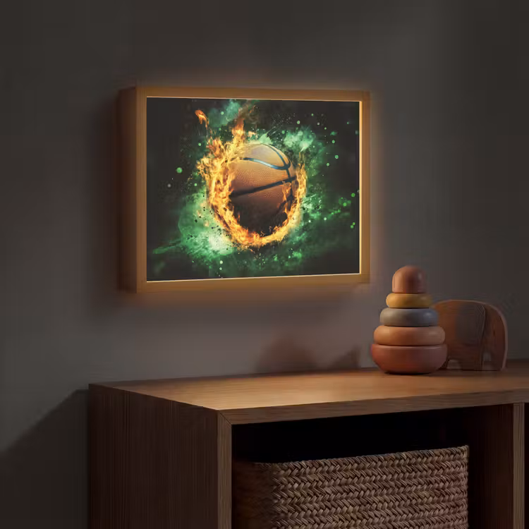 Basketbal - Vuur - Vlammen - Groen Light Box met batterij (Wandlamp kind) middel -sfeer5_kind