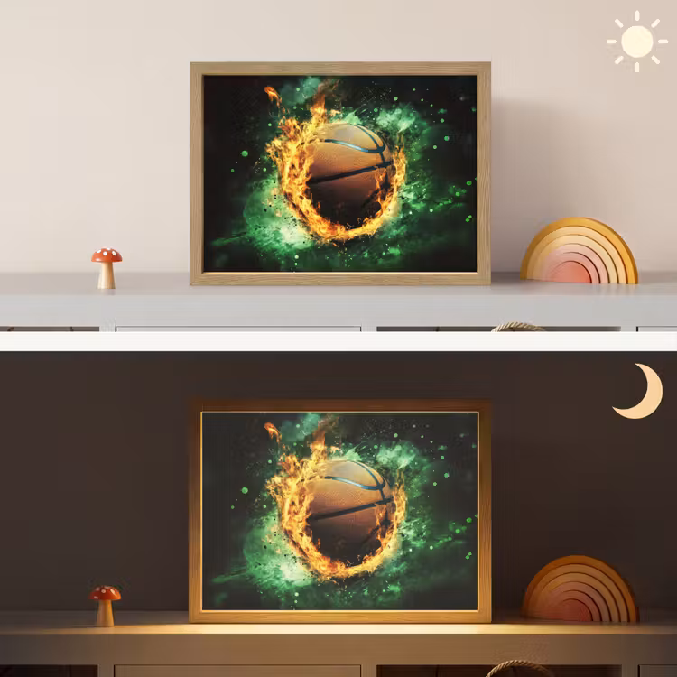 Basketbal - Vuur - Vlammen - Groen Light Box met batterij (Wandlamp kind) middel -sfeer3_kind